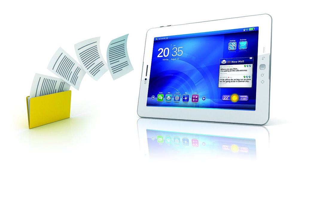 A tablet computer on an office desk.